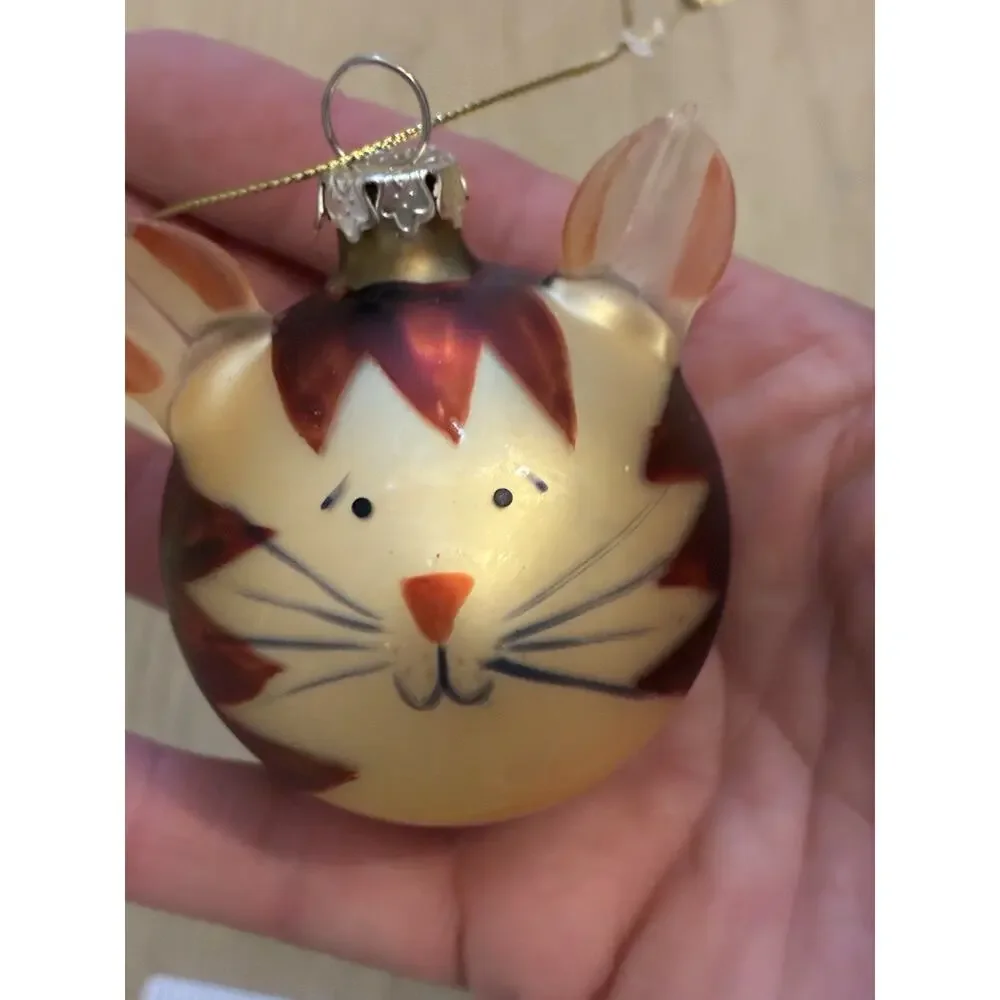 Vtg Orange Tabby Cat w/Ears Ornament Mercury glass Blown Artsy Animal Kitty Cat